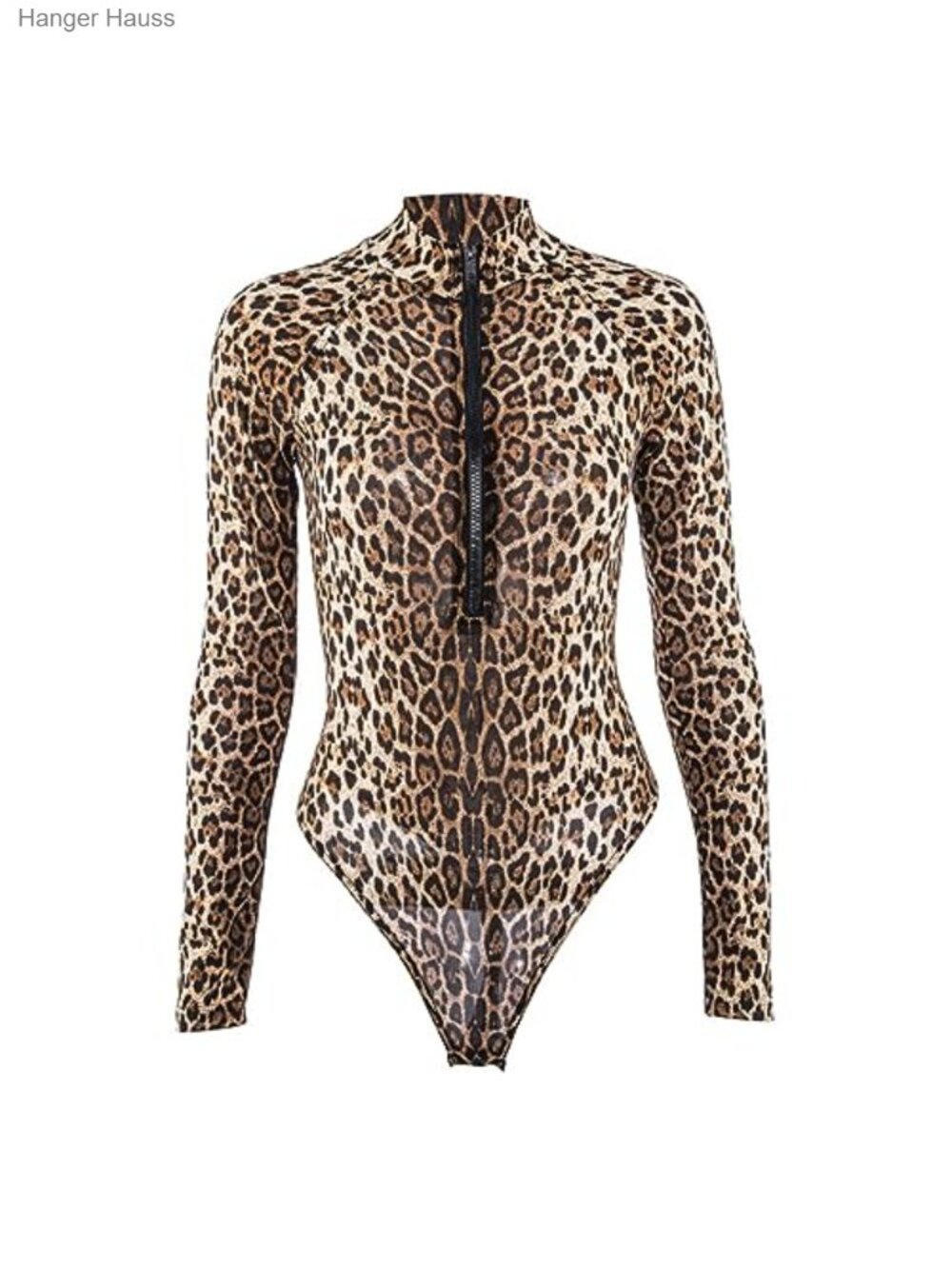 Women Leopard Jumpsuit Thong Long Sleeve Turtleneck Bodysuit Shapewear